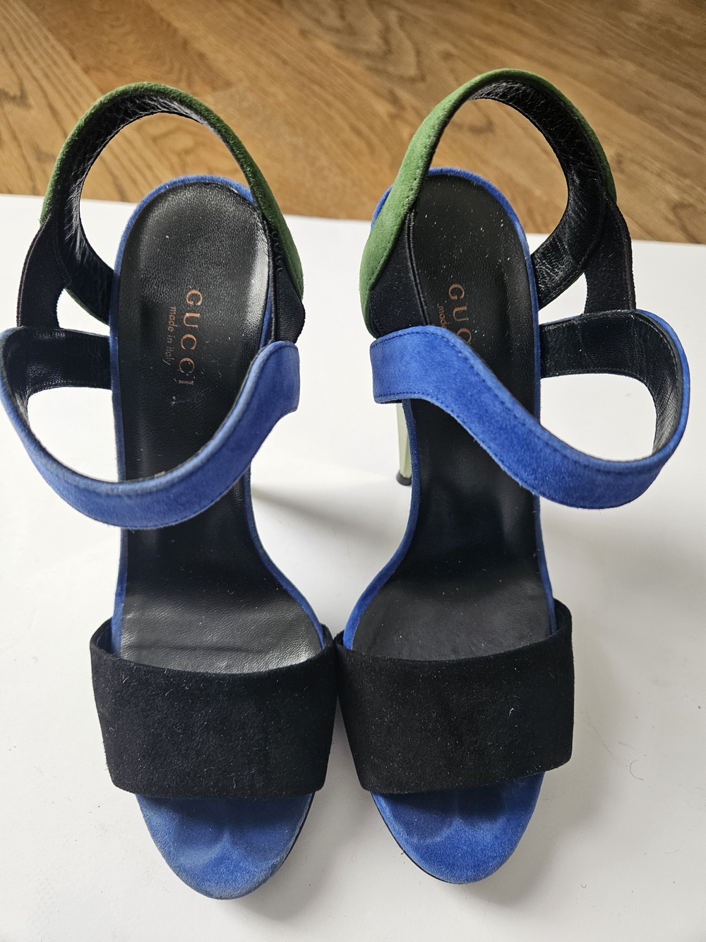 Gucci Blue and Green Suede Open-Toe Prism Heels